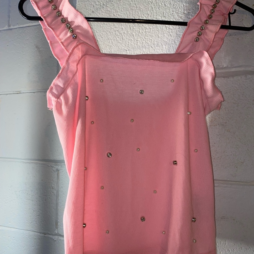 SHEIN Pink Studded Ruffle Blouse